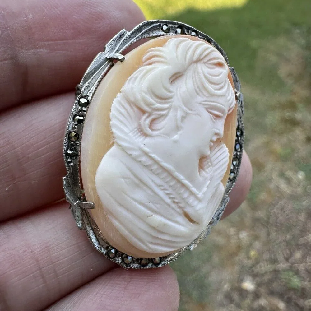 Antique Carved Shell Cameo Pendant Italy 800 Fine Silver 6.7g‎ Marcasite 1.5" - Picture 2 of 6